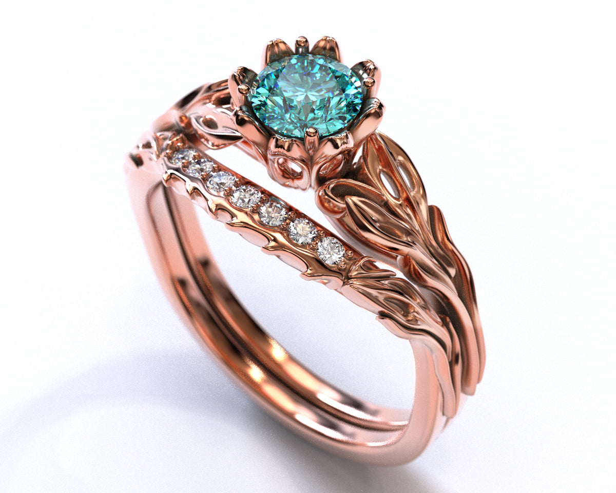 Unique Flower Blue Diamond Wedding Ring Set