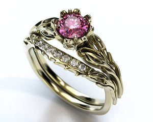 Unique Flower Pink Diamond Bridal Ring Set