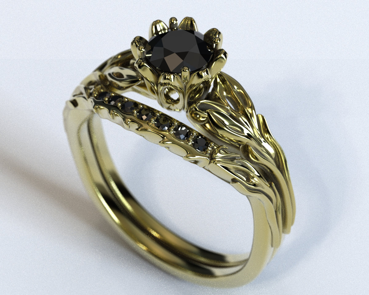 Unique Black Diamond Rose Gold Wedding Ring Set