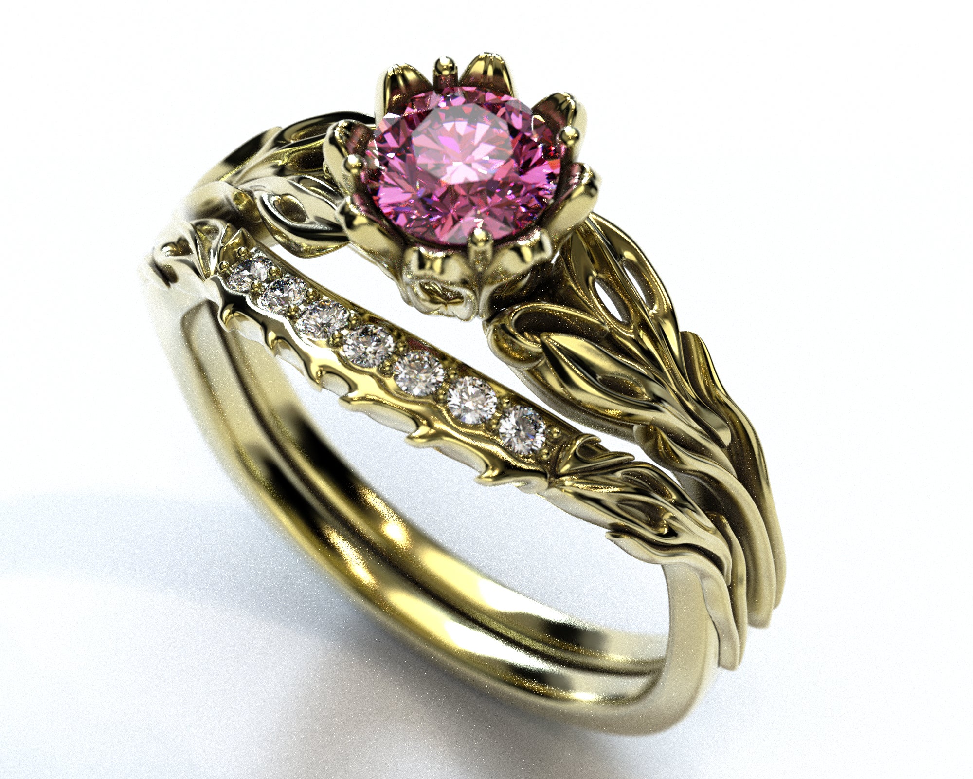 Unique Flower Pink Diamond Bridal Ring Set │Vidar Boutique