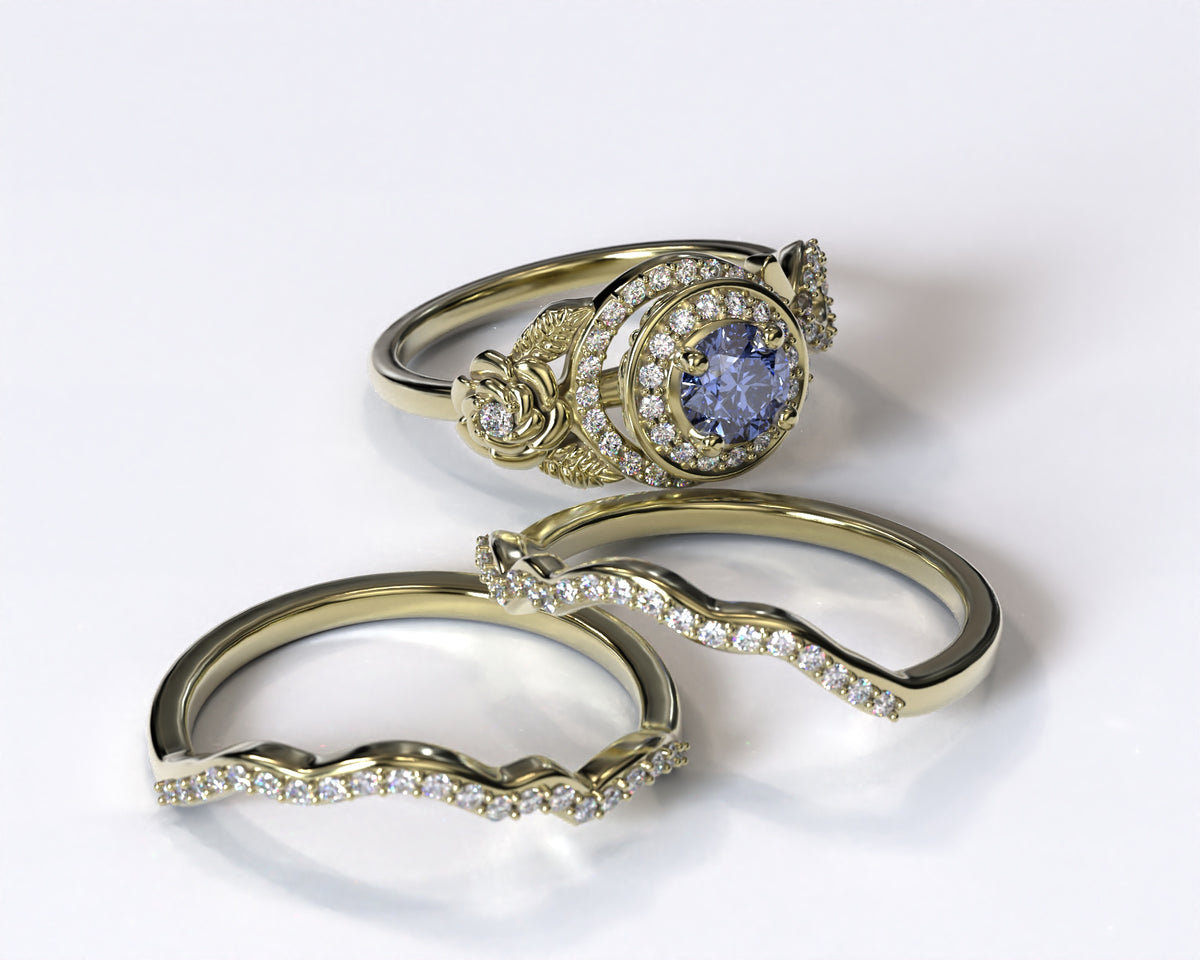Flower Tanzanite Halo Bridal Ring Set