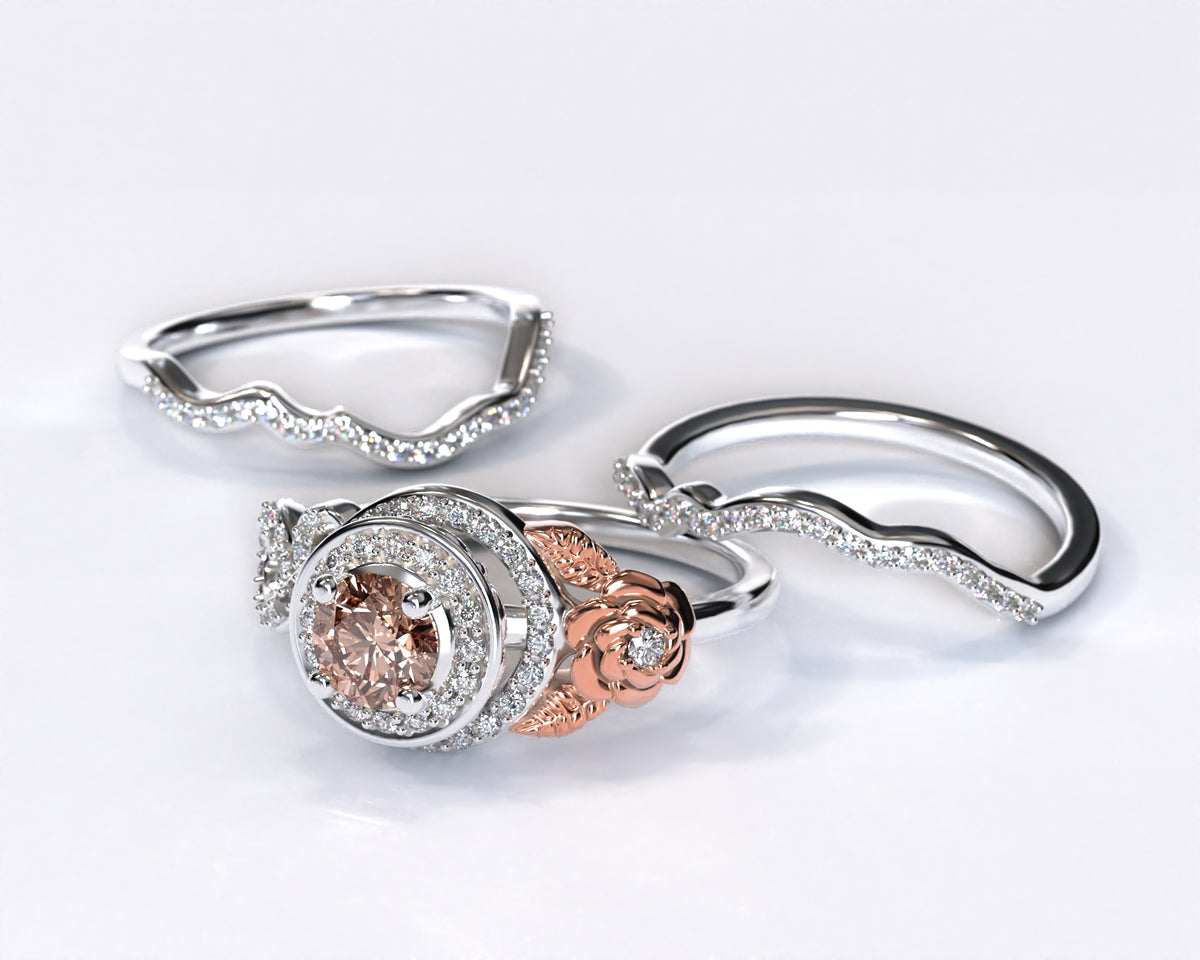 Unique Flower Two Tone Gold Halo Morganite Wedding Ring Set