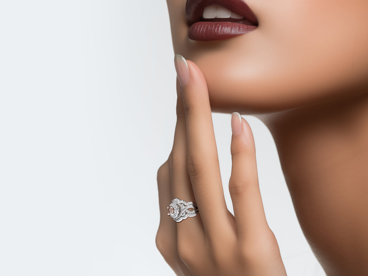 Unique Flower Two Tone Gold Halo Morganite Wedding Ring Set