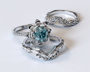 Unique Flower Aquamarine Wedding Ring Set