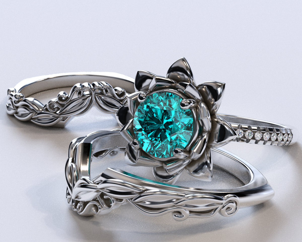 Unique Flower Aquamarine Wedding Ring Set