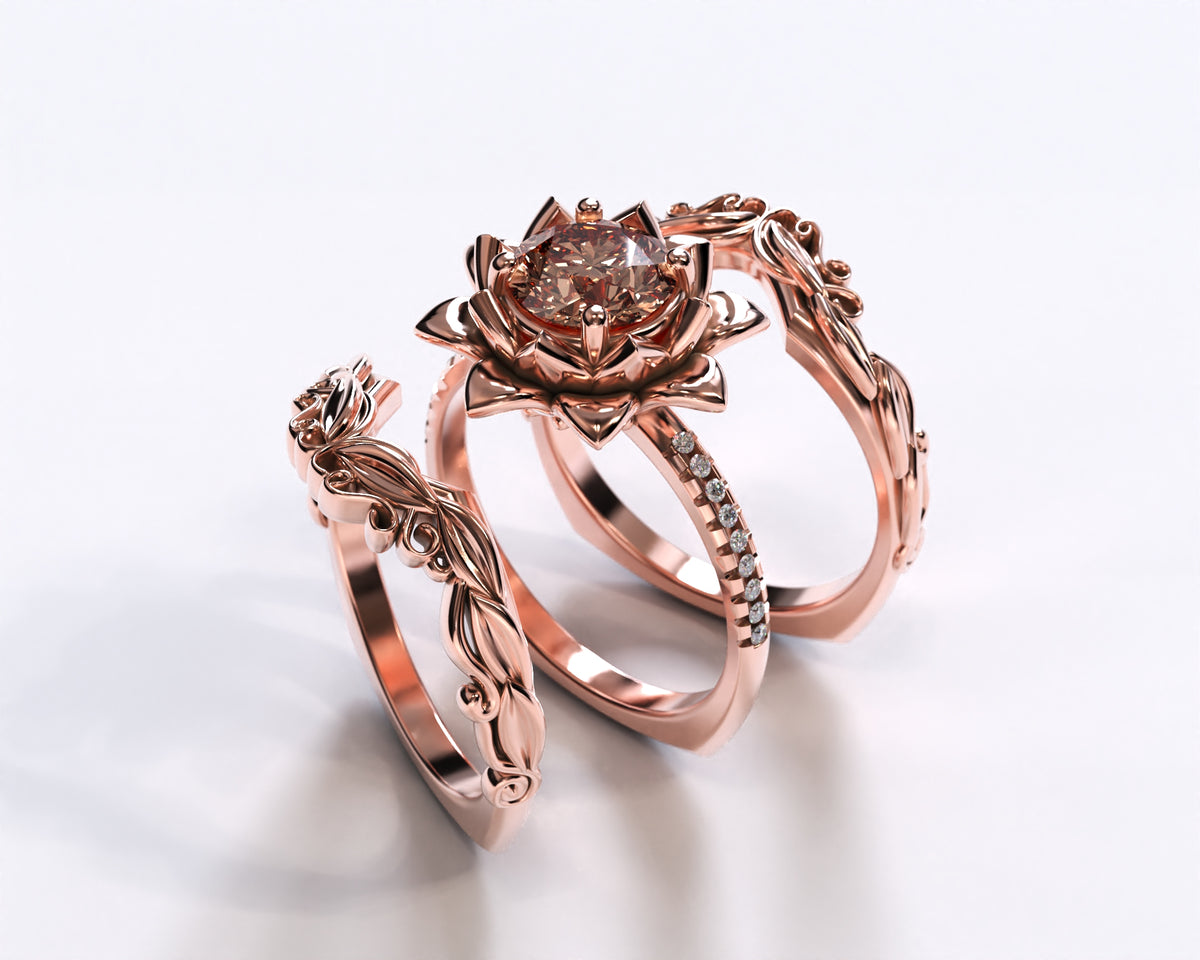 Unique Flower Rings Unique Flower Morganite Wedding Ring Set │Vidar Boutique