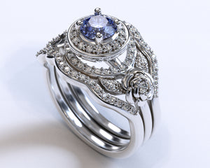 Flower Tanzanite Halo Bridal Ring Set