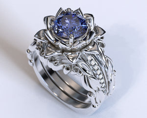 Flower Tanzanite Wedding Ring Set