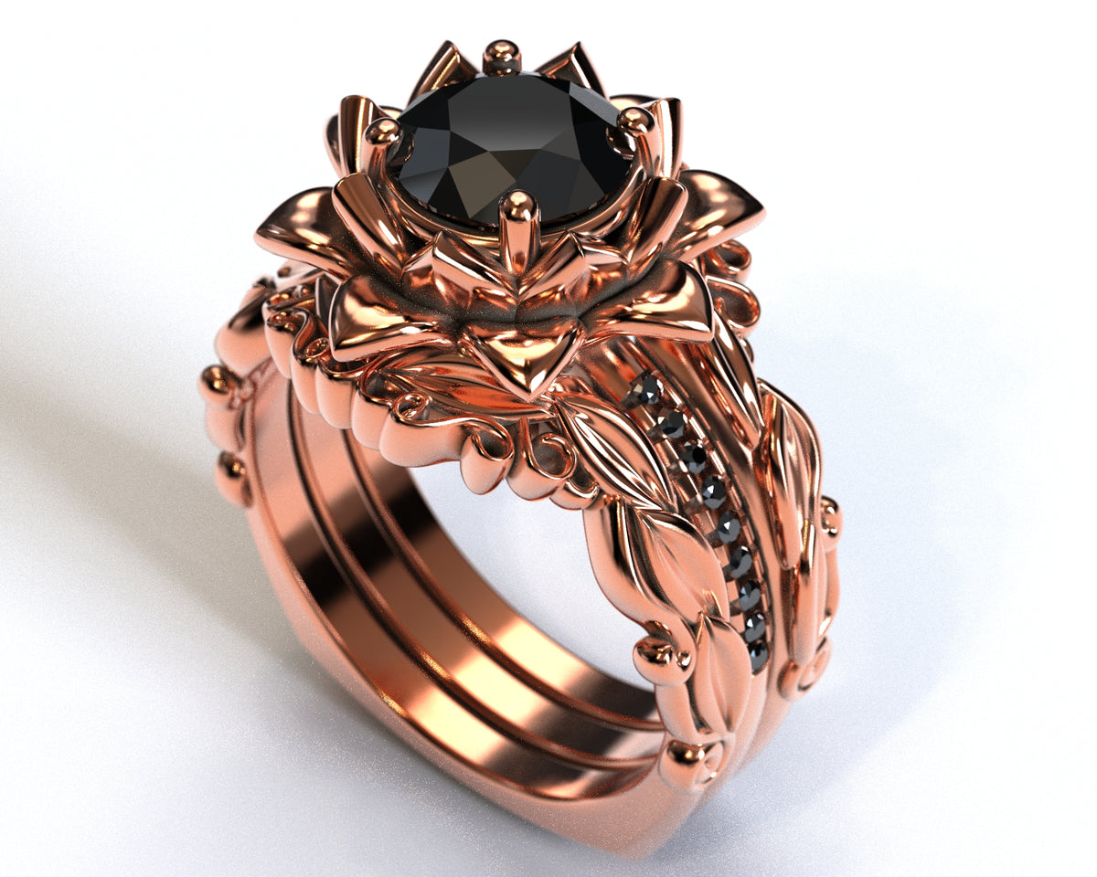 Black Diamond Floral Wedding Ring Set