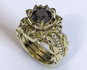 Black Diamond Flower Wedding Ring Set