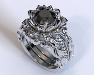 Black Diamond Flower Wedding Ring Set