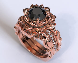 Black Diamond Flower Wedding Ring Set