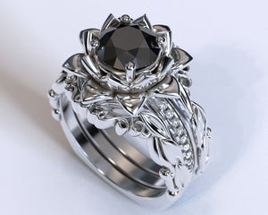 Black Diamond Flower Wedding Ring Set