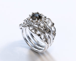 Black Diamond Flower Bridal Ring Set