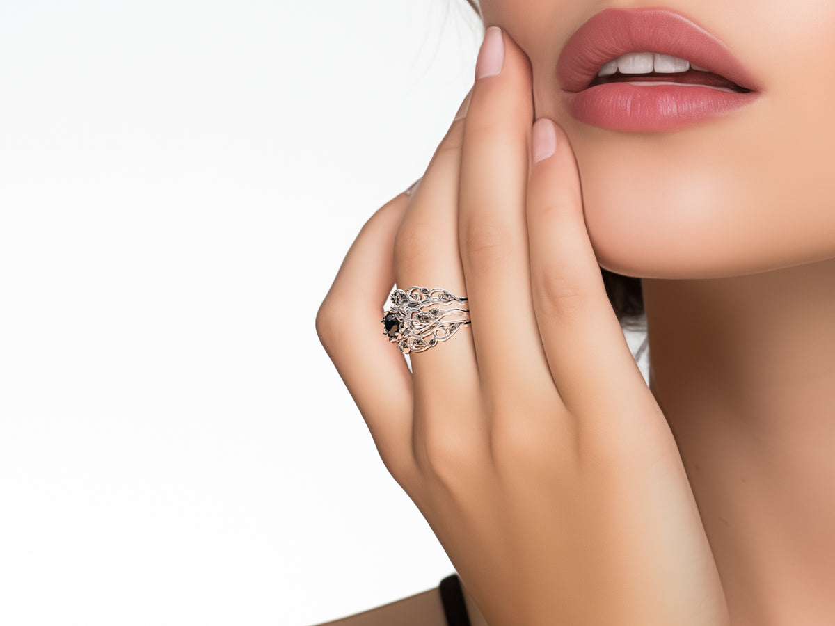 Black Diamond Flower Bridal Ring Set