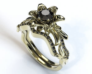 Lotus Flower Black Diamond Wedding Ring Set