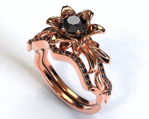 Lotus Flower Black Diamond Wedding Ring Set