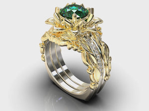 Emerald Flower Wedding Ring Set