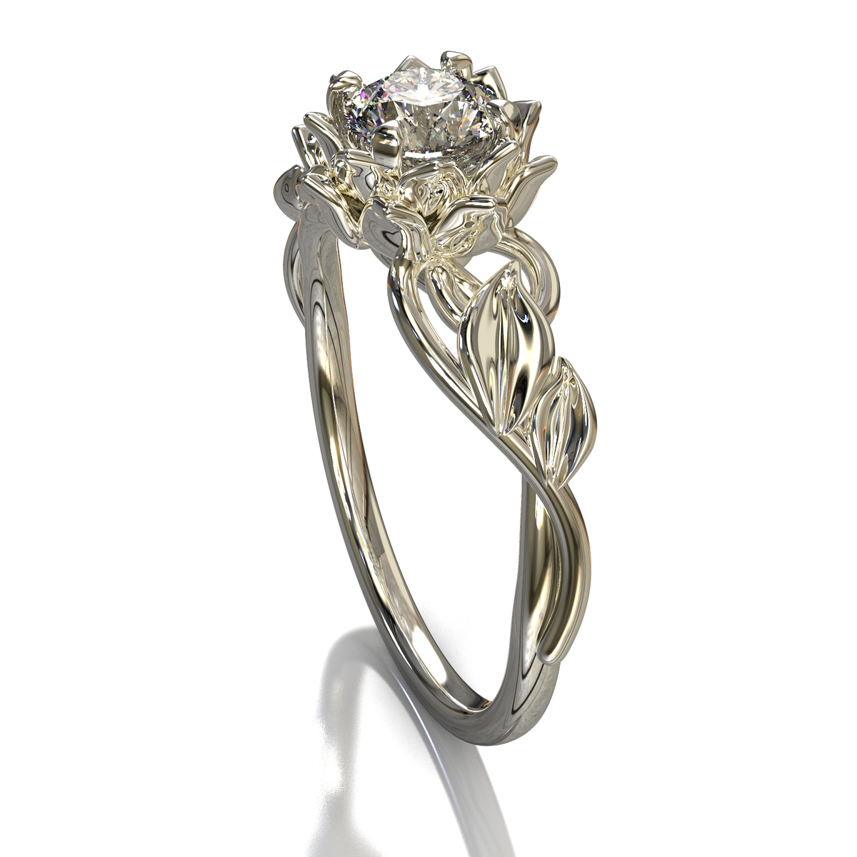 Lotus Flower Diamond Engagement Ring With Leaves