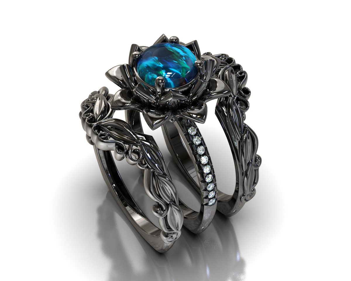 Black Gold Opal Wedding Ring Set