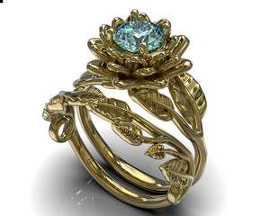 Flower Aquamarine Wedding Ring Set