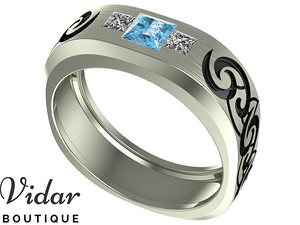 Unique Tribal Mens Aquamarine Wedding Ring