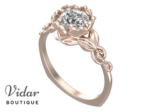 Unique Flower Shaped Solitaire Rose Gold Engagement Ring