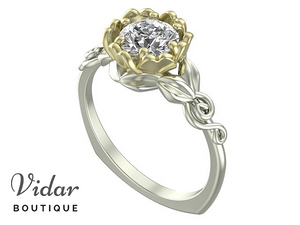Unique Lotus Flower Two Tone Gold Solitaire Engagement Ring
