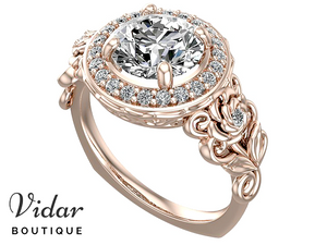 Floral Rose Gold Halo Moissanite Engagement Ring