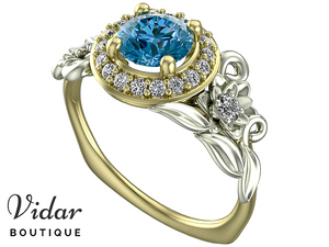 Unique Flower Blue Diamond Halo Engagement Ring