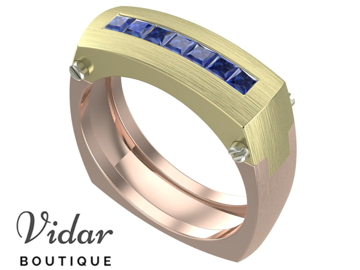 Two Tone Gold Sapphire Mens Wedding Ring