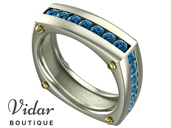 Mens Lab Created Blue Sapphire Ring Two Tone Gold w/ Diamonds