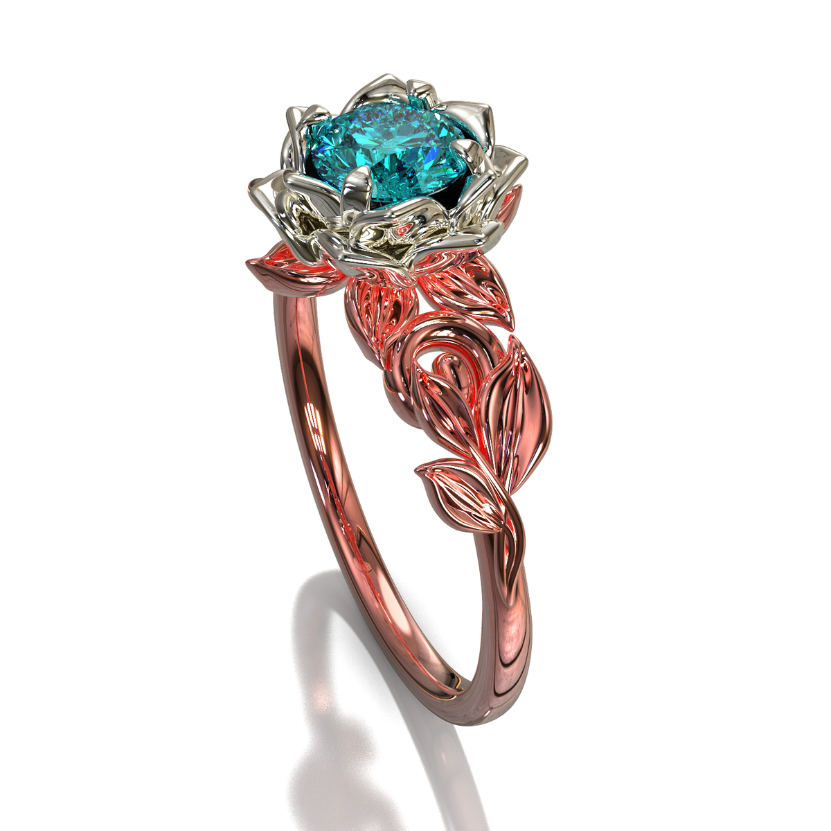 Two Tone Teal Sapphire Flower Engagement Ring