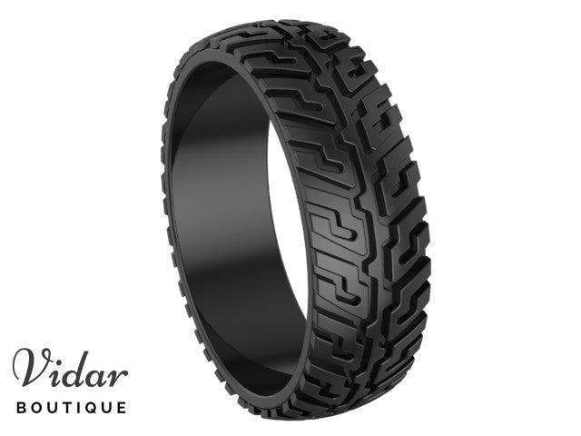 rubber tire tread ring Unique Black Gold Tire Wedding Band For Men Vidar Boutique 14K Yellow Gold