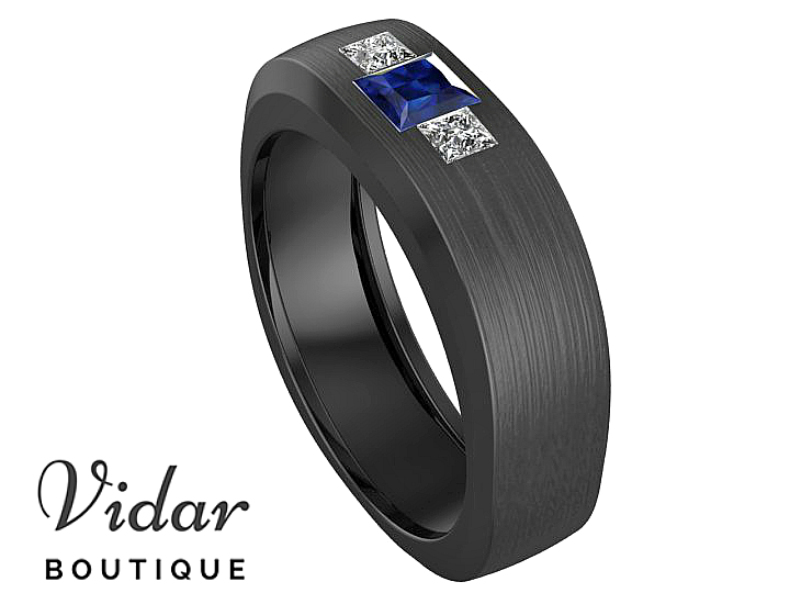 Mens black wedding clearance band with blue sapphire