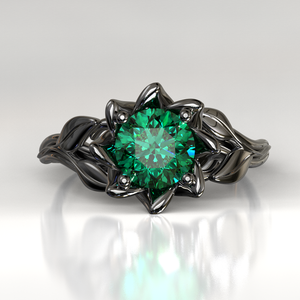 Black Gold Emerald Flower Engagement Ring