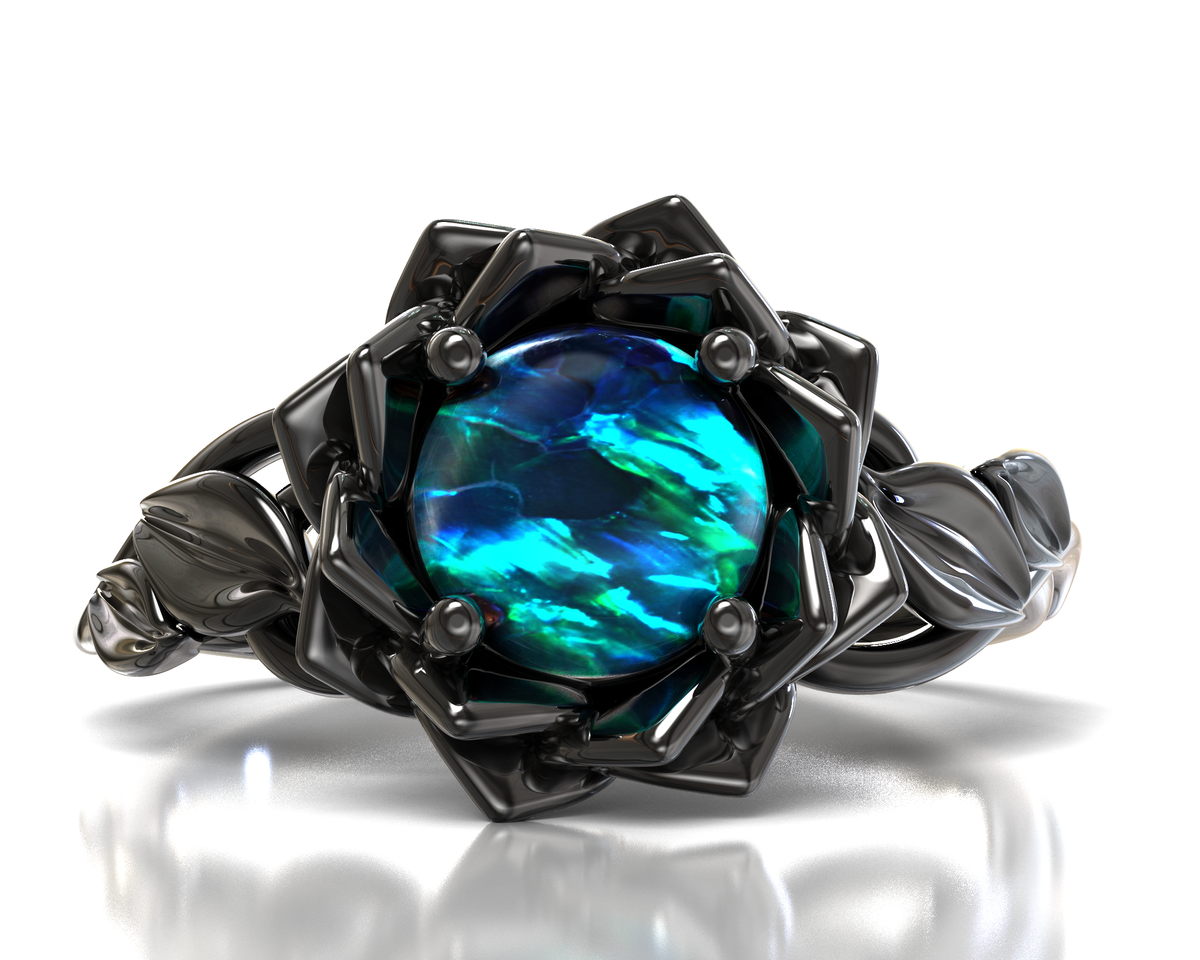 Black Gold Opal Flower Engagement Ring
