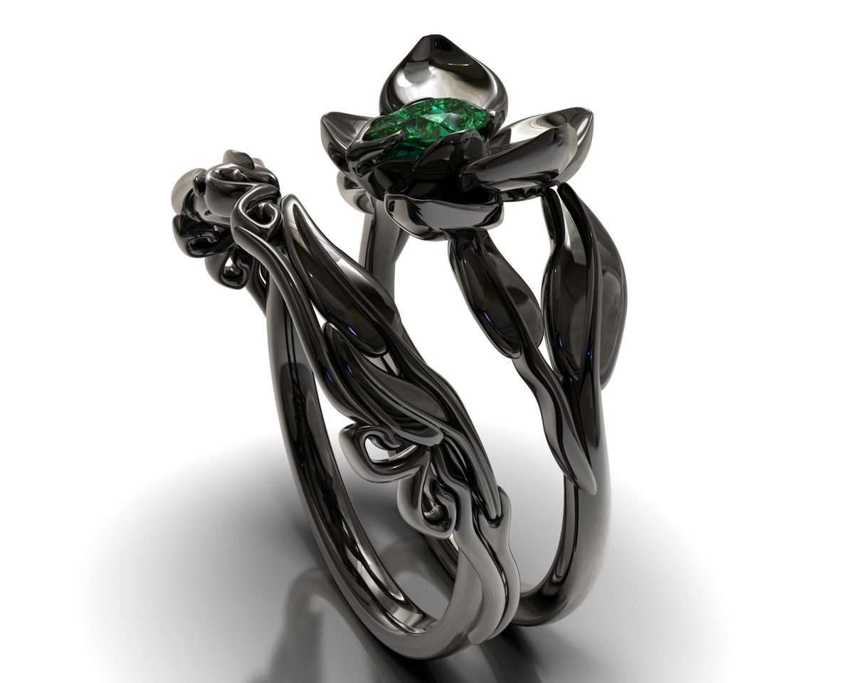Black Gold Emerald Wedding Ring Set