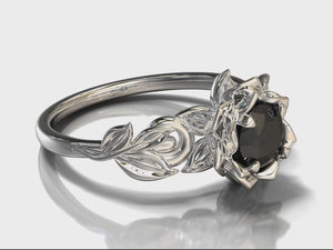 Lotus Flower Black Diamond Engagement Ring With Leaves