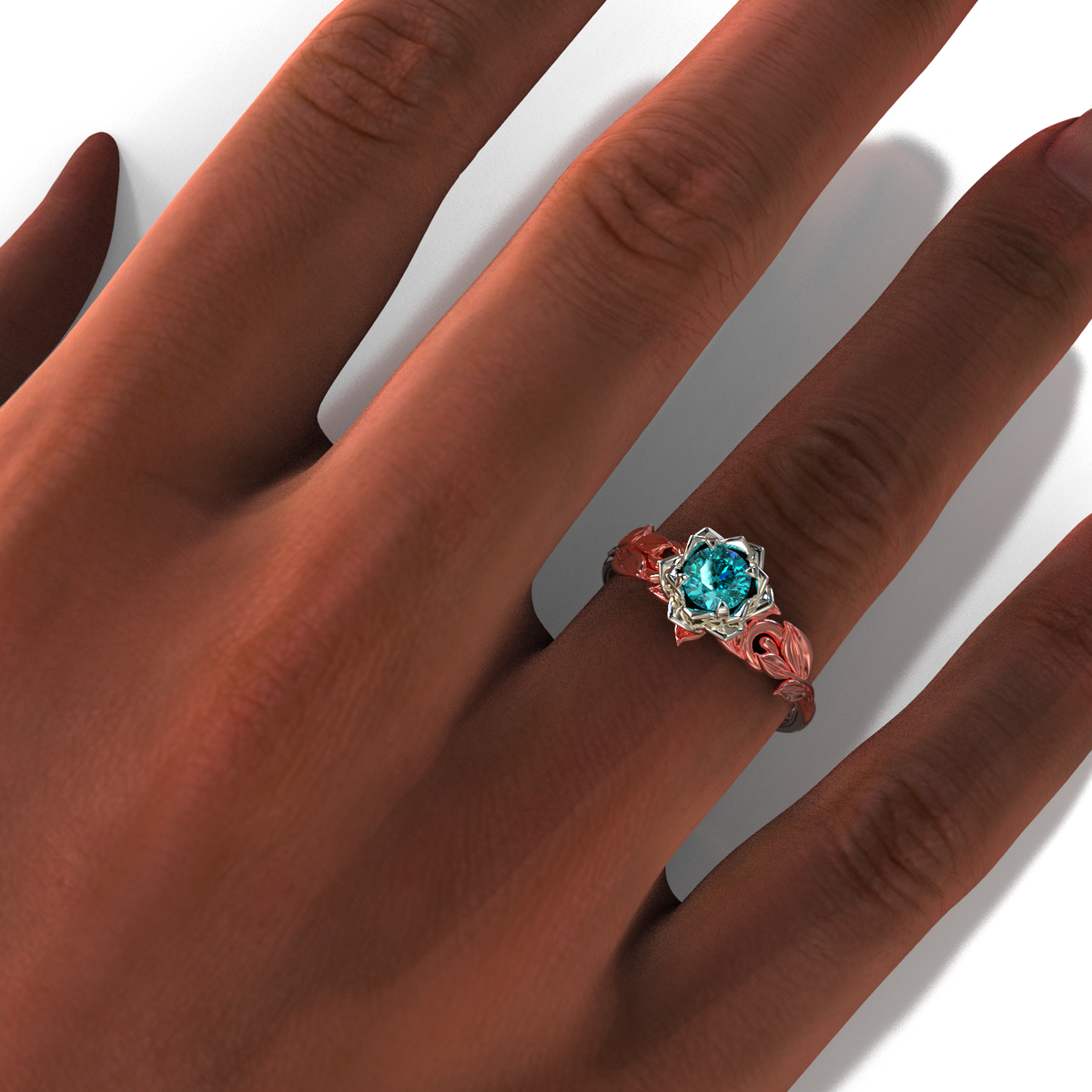 Two Tone Teal Sapphire Flower Engagement Ring