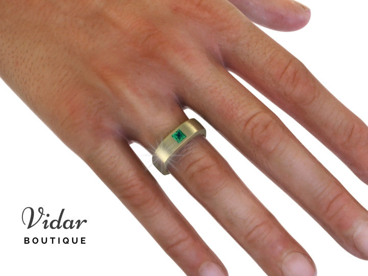 Emerald Princess Cut Mens Wedding Band