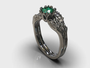 Black Gold Emerald Flower Wedding Ring Set