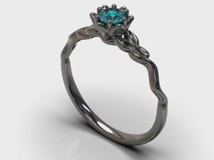 Blue Diamond Black Gold Flower Engagement Ring