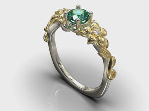 Two Tone Floral Emerald Engagement Ring