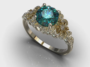 Two Tone Blue Green Moissanite Flower Engagement Ring