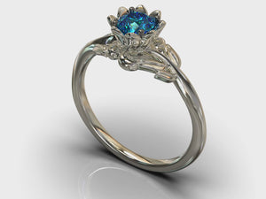 Blue Diamond Flower Engagement Ring With Leaves