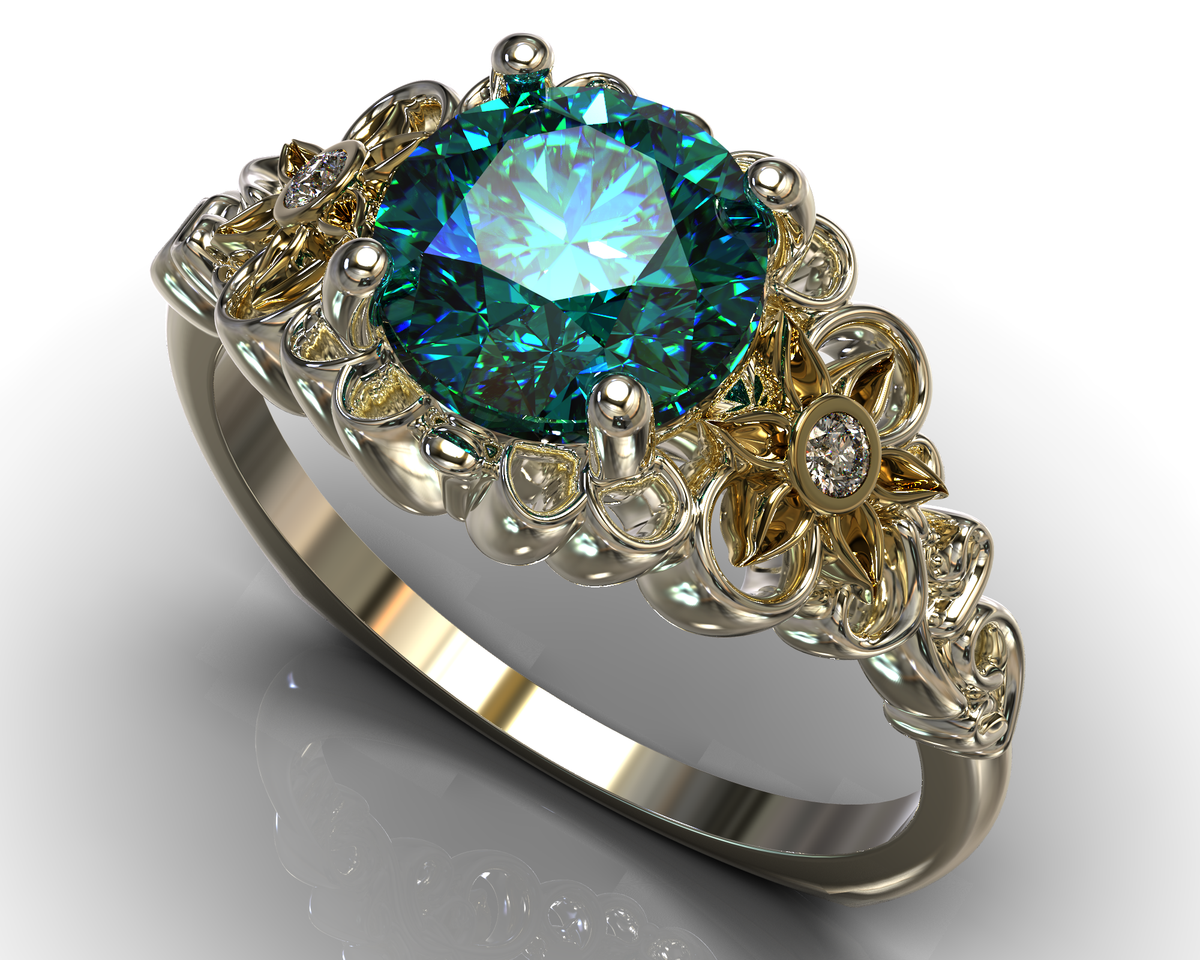 Two Tone Blue Green Moissanite Flower Engagement Ring