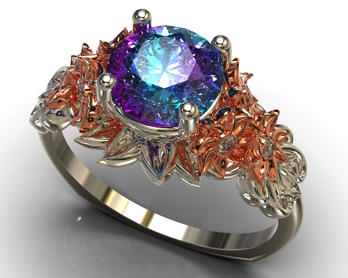 Two Tone Alexandrite Flower Engagement Ring
