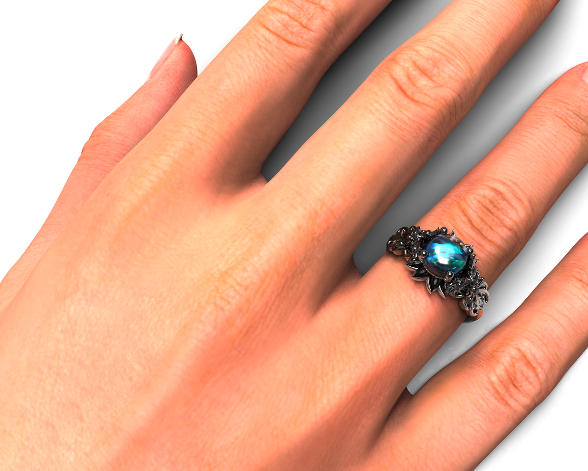 Black Gold Opal Floral Engagement Ring