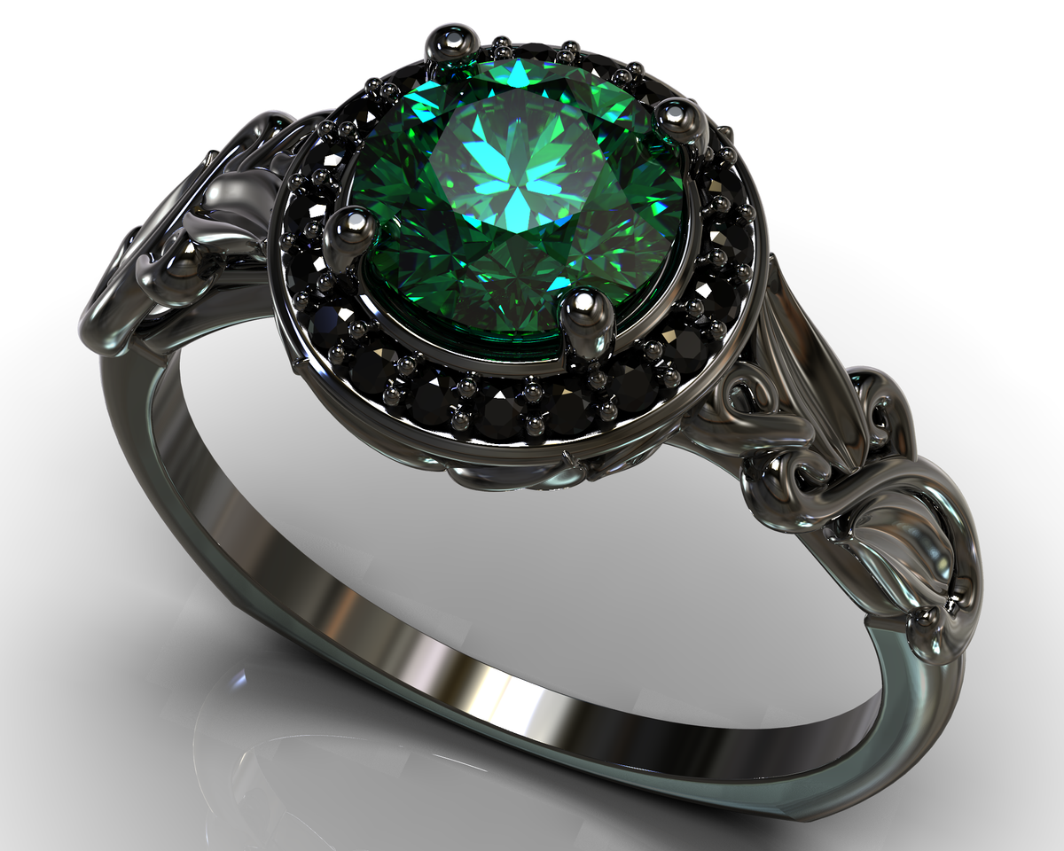 Black Gold Emerald Floral Engagement Ring